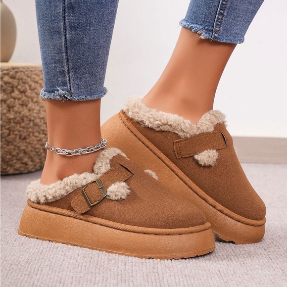 Shoes - BOUTIQUE Faux Fur Shearling Thermal Fuzzy Buckle Platform Slippers, in Caramel